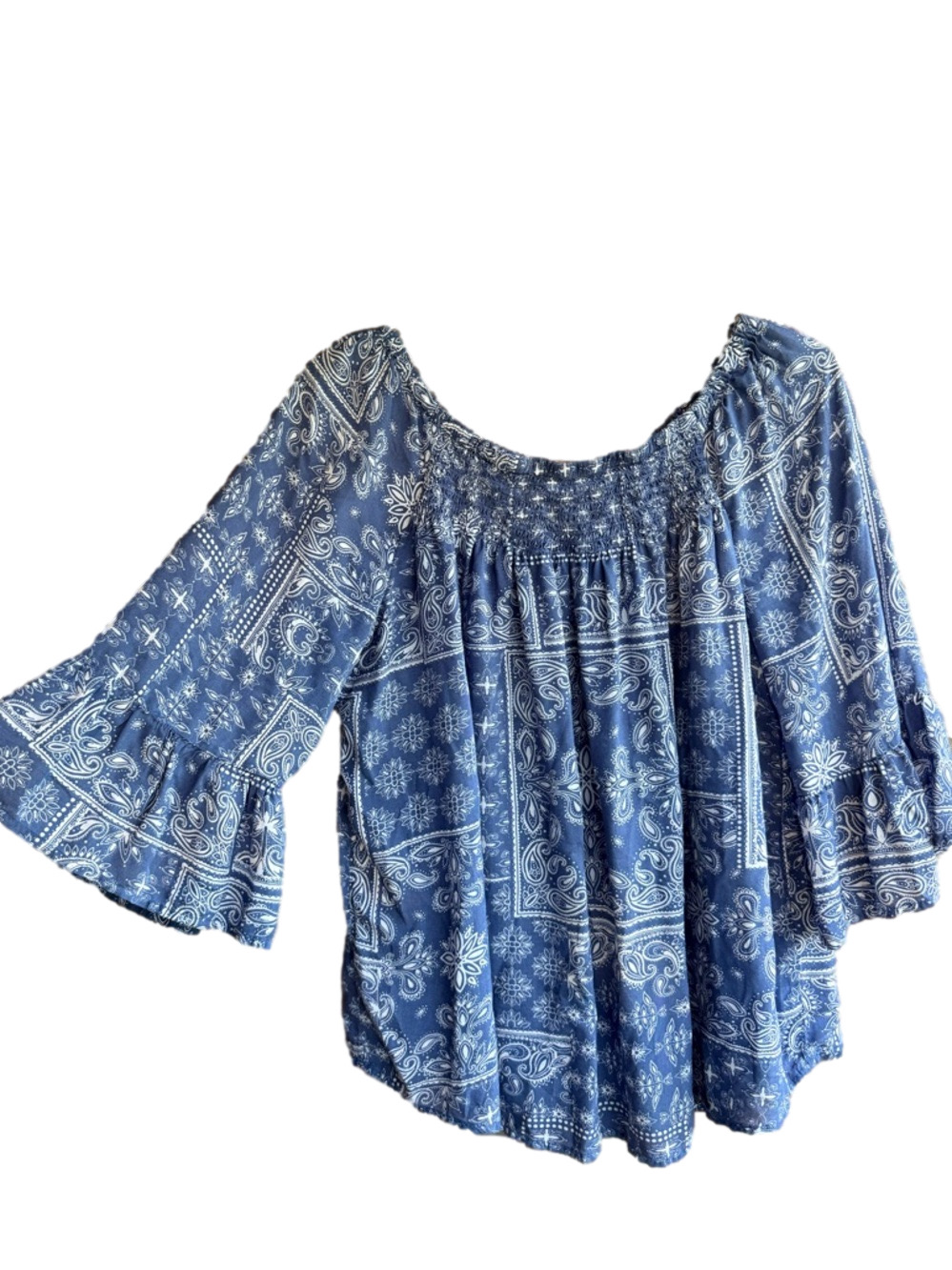BeachLunchLounge Blue Paisley Print Bell Sleeve Peasant Blouse Flowy Bohemian L